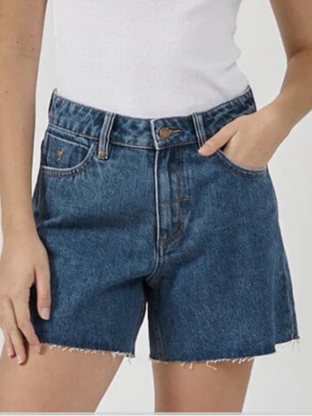 NWT Thrills Medium Blue High-Rise Raw Hem Denim Shorts 24
